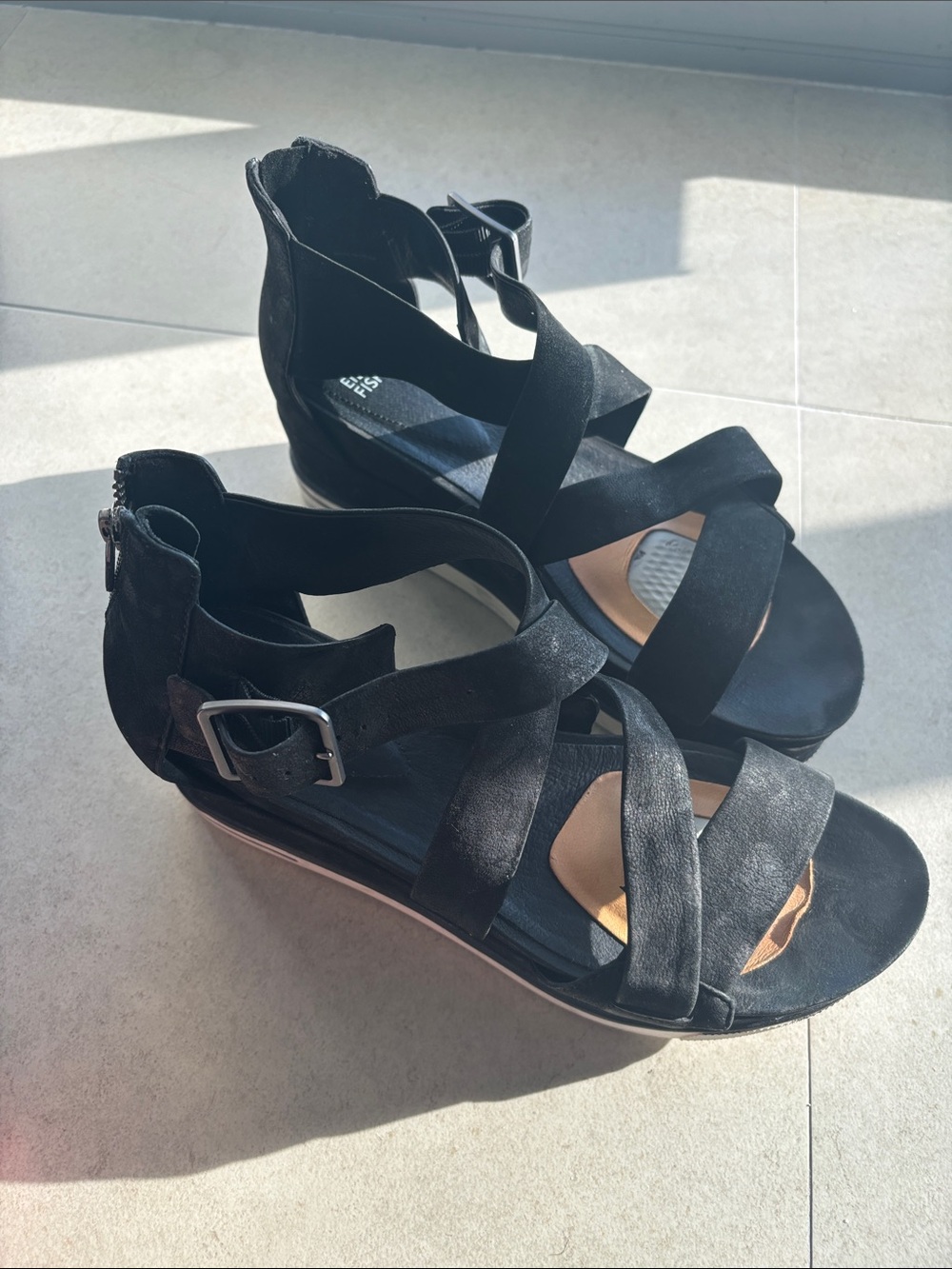 Eileen Fisher Black Strappy Suede Wedge Sandals